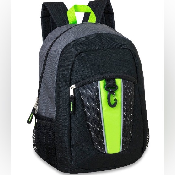 NWT! 17” Carabinder Clip Backpack w/Padded Straps NEON Center Stripe & Black - Picture 1 of 5